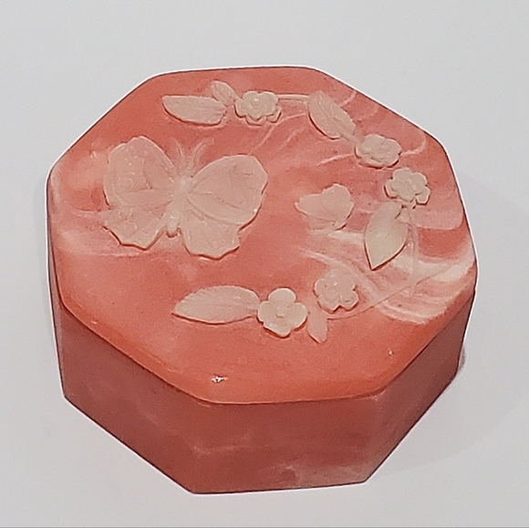 Vntg Handcarved Design Gifts Incolay Stone Pink Octagon Jewelry Trinket Box 🇺🇸 - Picture 2 of 10